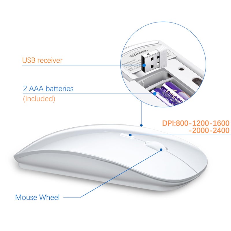 TopMate Wireless Keyboard and Mouse Ultra Slim Combo, TopMate 2.4G Silent Compact USB 2400DPI Mouse and Scissor Switch Keyboard Set with Cover, Batteries Included, for PC/Laptop/Windows/Mac - White - Image 4